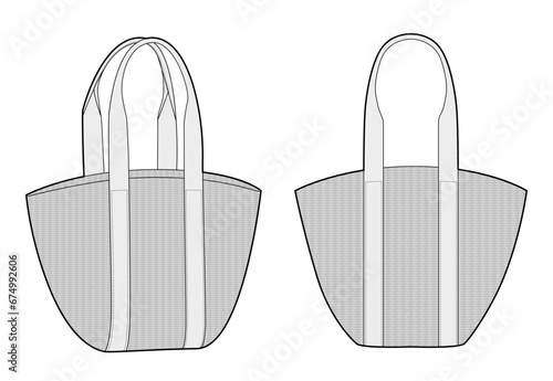 Raffia Basket with curved lines Tote silhouette bag. Fashion accessory technical illustration. Vector satchel front 3-4 view for Men, women style, flat handbag CAD mockup sketch outline isolated