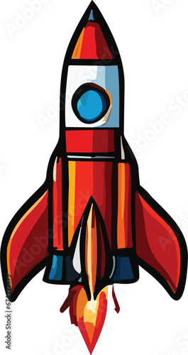 Vibrant digital cartoon illustration of a spaceship rocket flying off