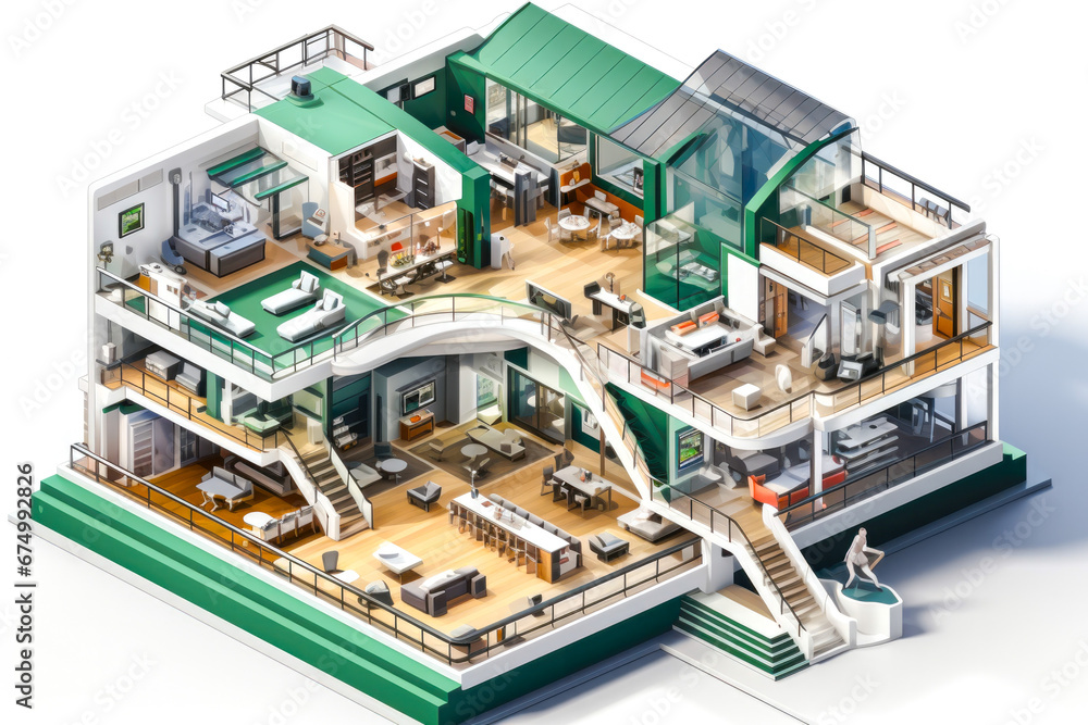 An isometric cross-sectional cutout diagram of modern green apartment house, isolated on white background An isometric cross-sectional cutout diagram of modern green apartment house, isolated on white background