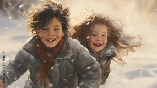 Sibling running in the winter during their Christmas holidays, warm tones