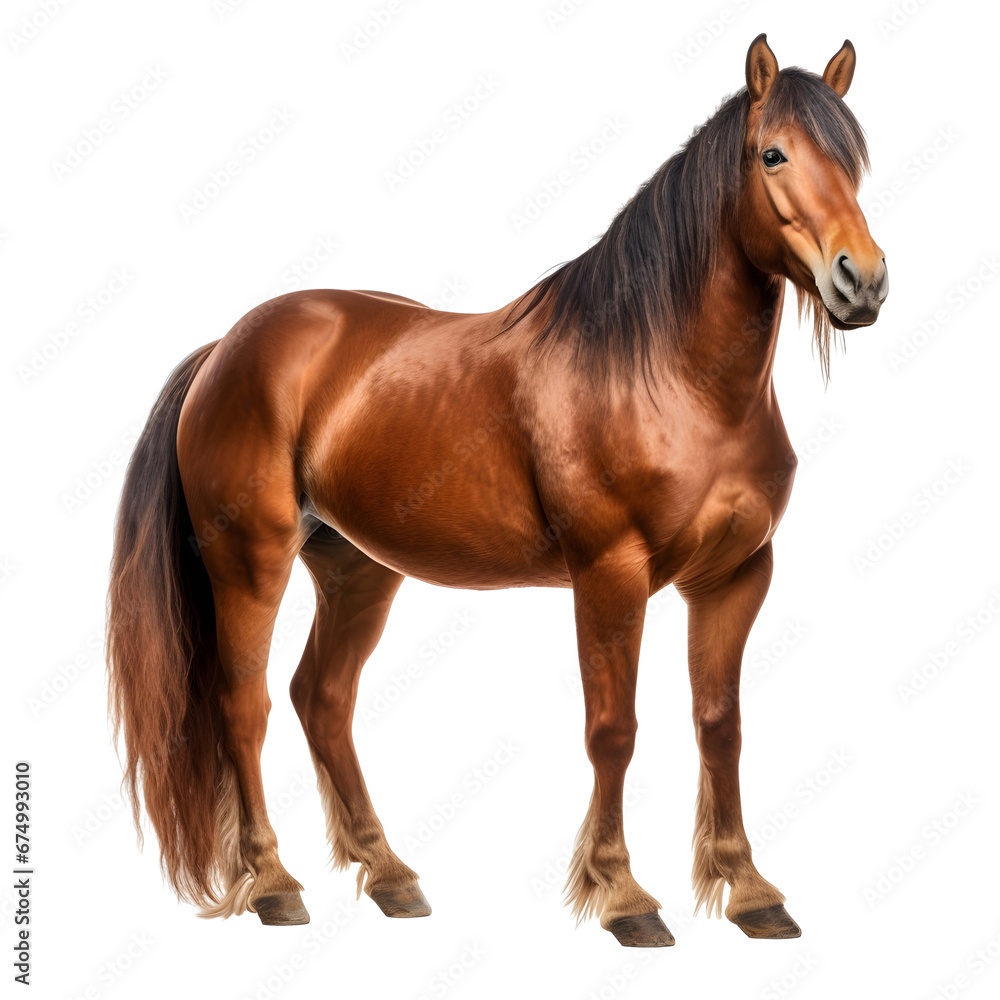 Horse with long mane standing and ready for riding isolated on transparent background	