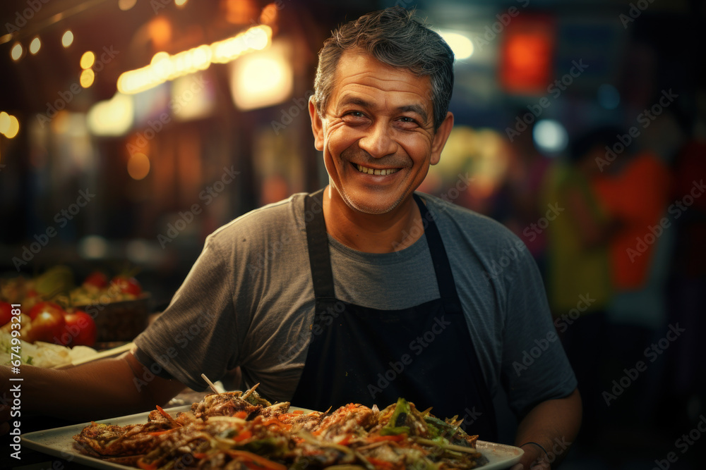 A street vendor grinning as he serves up delicious local street food, representing the happiness derived from savoring culinary delights. Concept of gastronomy and culture. Generative Ai.