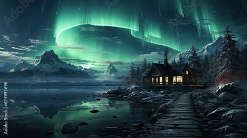 A serene winter landscape at night with a cozy cabin under the majestic northern lights reflecting on a calm lake.
