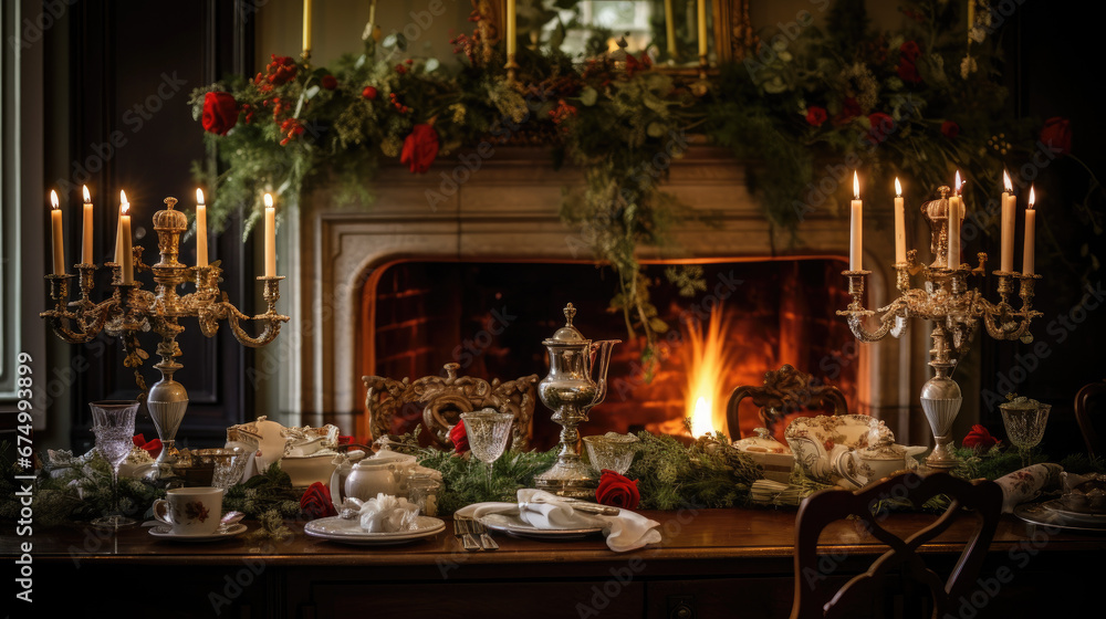 A Christmas table setting with antique silverware and candles