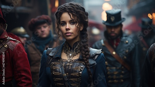 A woman in a historical military-inspired costume stands confidently amidst uniformed men, exuding a commanding presence.