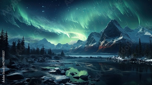 An ethereal display of aurora borealis sweeps over a pristine snowy landscape, with majestic mountains reflecting in a tranquil river.