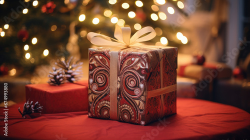 A beautifully wrapped gift with intricate patterns placed under a Christmas tree with twinkling lights