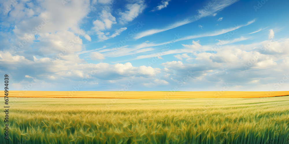 Illustration of a vast wheat field undulating under the vast blue sky ...
