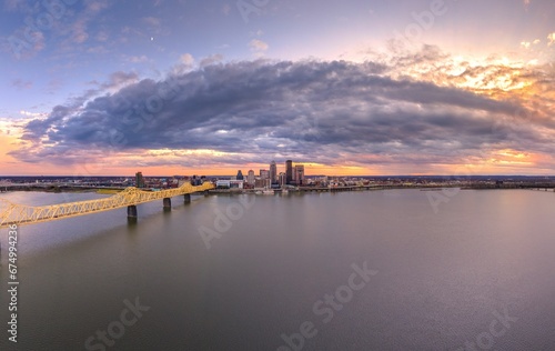 Aerial panoramic shot of Louisville, Kentucky at sunset.
