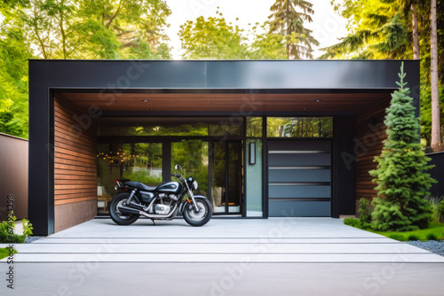 A view of a modern garage with carport and a motorcycle parked in the driveway, and green surroundings photo