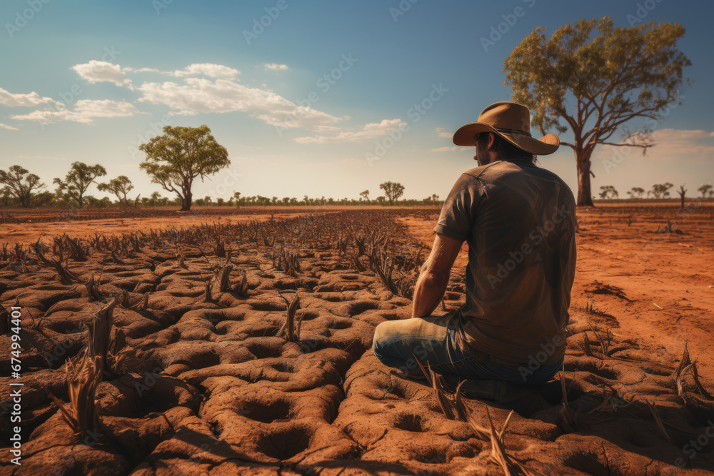A farmer with a downcast look, surveying a drought-stricken field. Concept of agricultural struggles and climate change. Generative Ai.