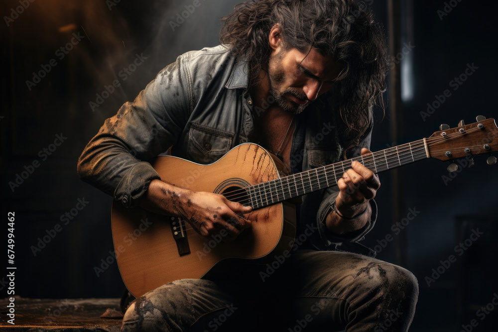Fototapeta premium A musician with a melancholic expression, playing a soulful tune on their guitar. Concept of music and emotional expression. Generative Ai.