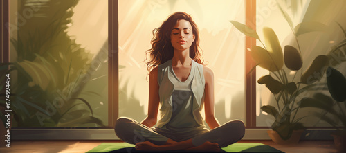 Illustration of a woman practicing meditation, yoga, relaxation in her calm and cosy home, with tranquility, peaceful mind, wellbeing and serenity