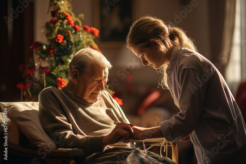A caregiver, tending to an elderly patient, with a tired but compassionate look. Concept of caregiving and dedication. Generative Ai.