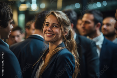A businesswoman showcases a delighted expression while witnessing her team complete a complex project ahead of schedule. Concept of project management success. Generative Ai.
