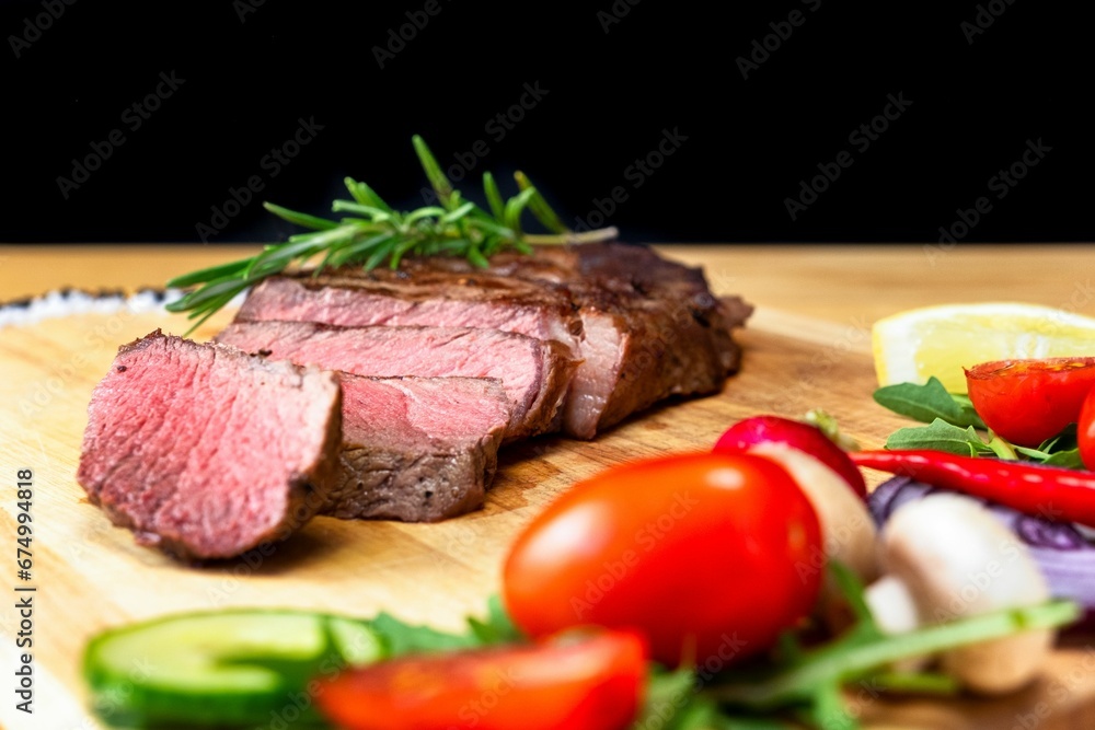 Close-up image of a sliced steak next to a variety of vegetables Close-up image of a sliced steak next to a variety of vegetables