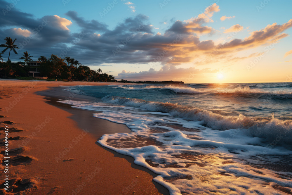 A serene beach at sunset, with waves gently lapping the shore. Concept of relaxation and coastal beauty. Generative Ai. A serene beach at sunset, with waves gently lapping the shore. Concept of relaxation and coastal beauty. Generative Ai.