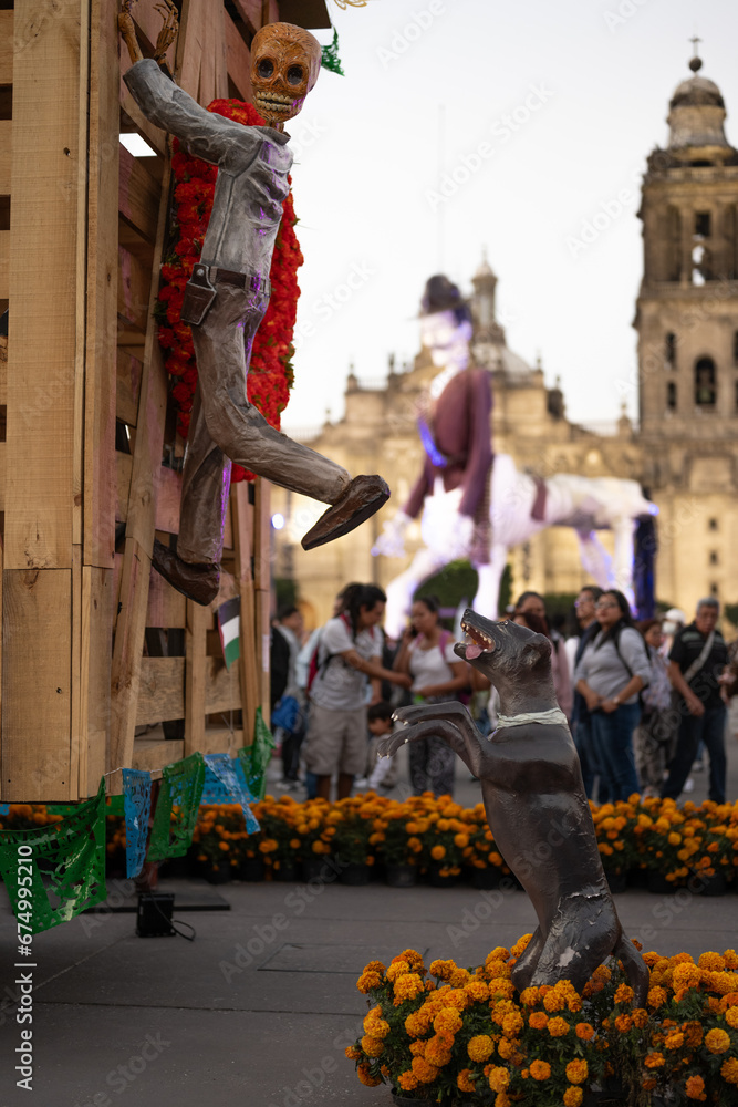 Dia de muertos decoration in downtown mexico city, tradition on day of the death