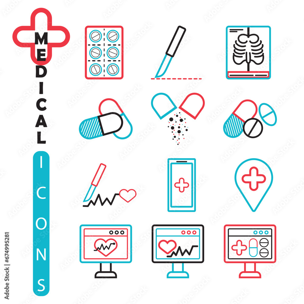 Set of medical icons Outline style Vector Set of medical icons Outline style Vector