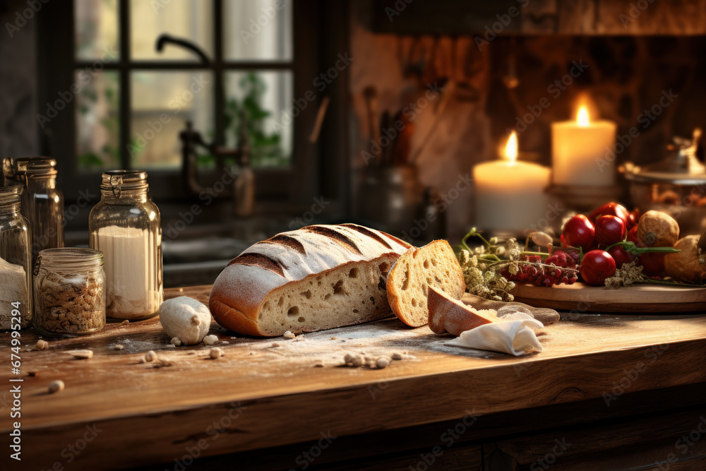 A rustic kitchen filled with the aromas of a home-cooked meal. Concept of culinary delight and comfort. Generative Ai.