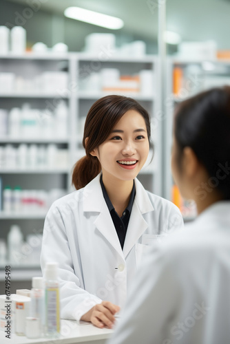 A compassionate Asian pharmacist in a lab coat, offering expert guidance with a warm smile. Concept global health stewards with multicultural woman shaping pharmacy excellence.