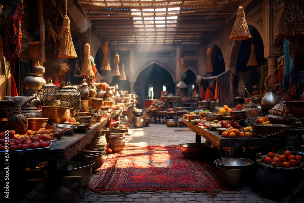 An Arabian bazaar with colorful textiles, spices, and bustling market activity. Concept of cultural diversity and trade. Generative Ai. - obrazy, fototapety, plakaty 