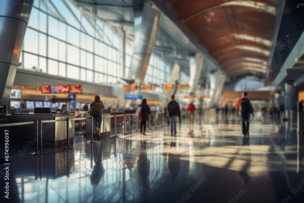 Fototapeta premium A bustling airport terminal with travelers from around the world. Concept of global travel and connection. Generative Ai.