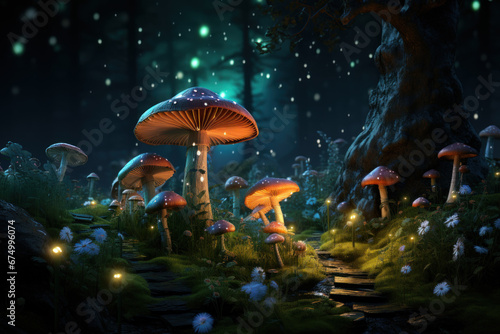 An enchanted forest at twilight, with fireflies and glowing mushrooms. Concept of fantasy and mysticism. Generative Ai.