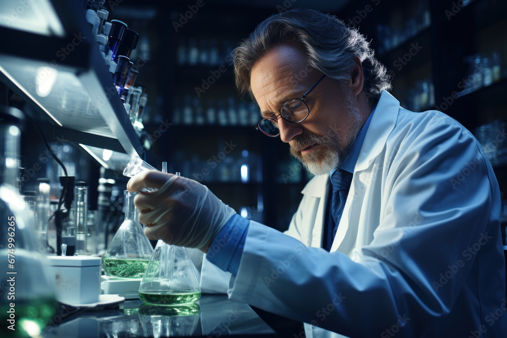 A middle-aged man in a lab coat, meticulously conducting scientific experiments in a laboratory. Concept of research and innovation. Generative Ai. A middle-aged man in a lab coat, meticulously conducting scientific experiments in a laboratory. Concept of research and innovation. Generative Ai.