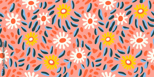 Colorful vintage flower art seamless pattern illustration. Organic hand drawn floral garden background with psychedelic style nature collage. Trendy spring print of abstract retro flowers.