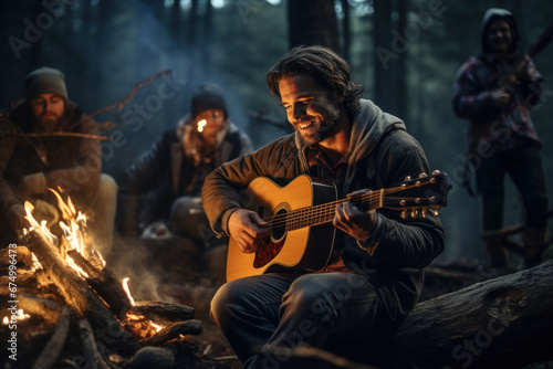 A musician strumming a guitar by a campfire, serenading friends under the stars. Concept of music and camaraderie. Generative Ai.