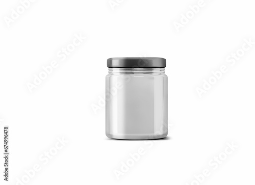 3D rendering of an isolated clear glass jar with a black lid on a white background, small sized