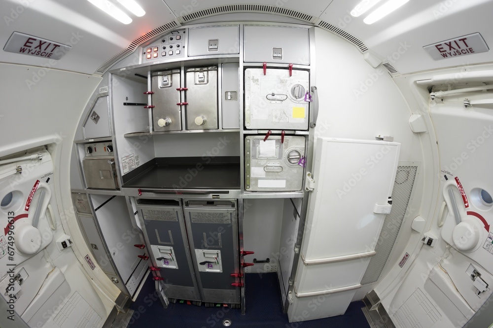 Interior design of back galley of an airplane Interior design of back galley of an airplane