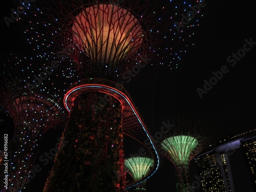 A low angle of majestic Supergrove trees in 
Singapore Gardens by the Bay at night photo