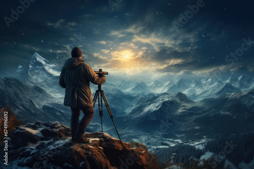 A man with a telescope, stargazing from a remote mountaintop. Concept of astronomy and cosmic wonder. Generative Ai.