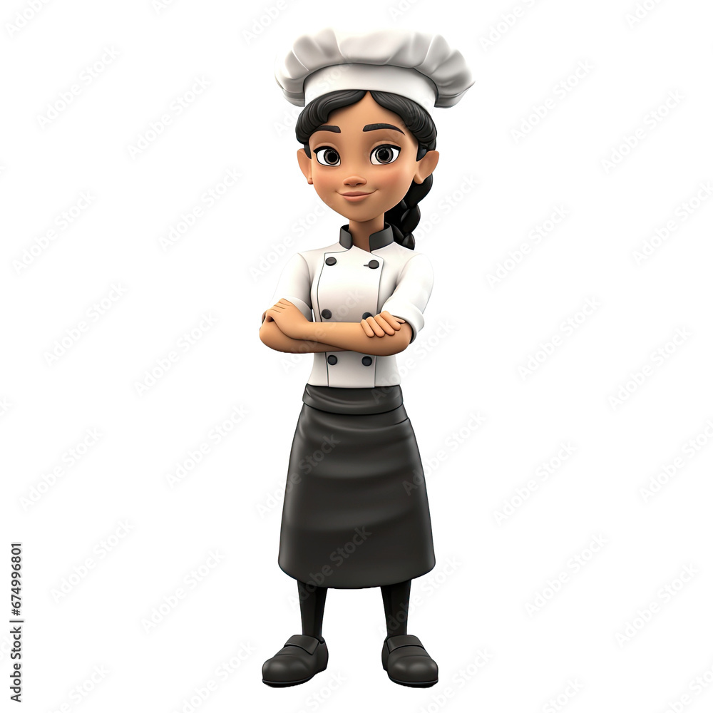 3D cartoon character of a female Chef with crossed arms, Full length view - Transparent or white background 3D cartoon character of a female Chef with crossed arms, Full length view - Transparent or white background