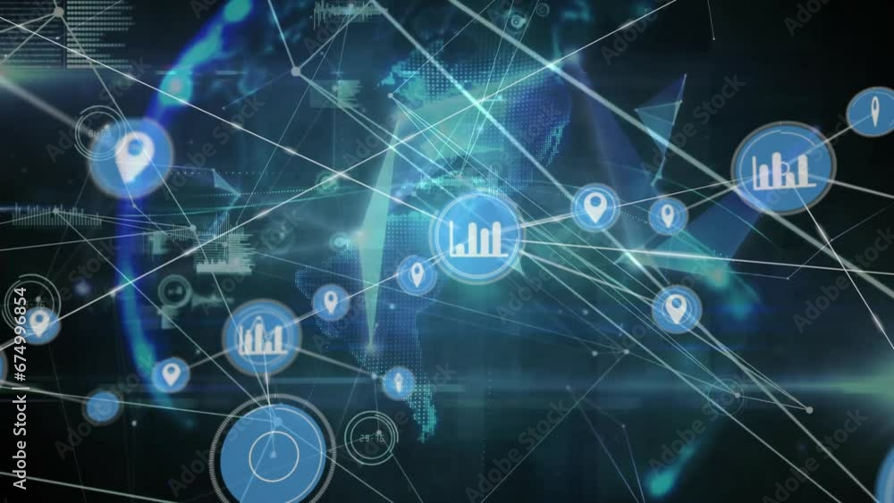 Animation of network of connections with icons over globe Animation of network of connections with icons over globe