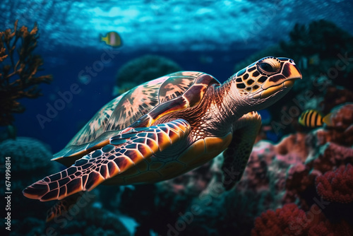 Hawksbill Turtle Gliding through the Coral Seascape