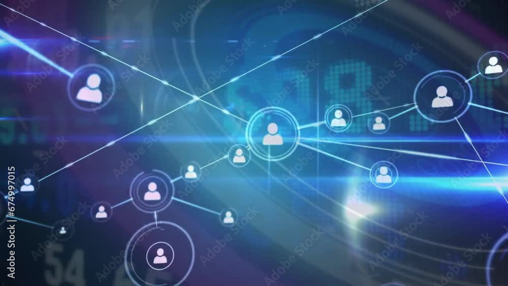 Animation of network of connections with icons over blue background Animation of network of connections with icons over blue background