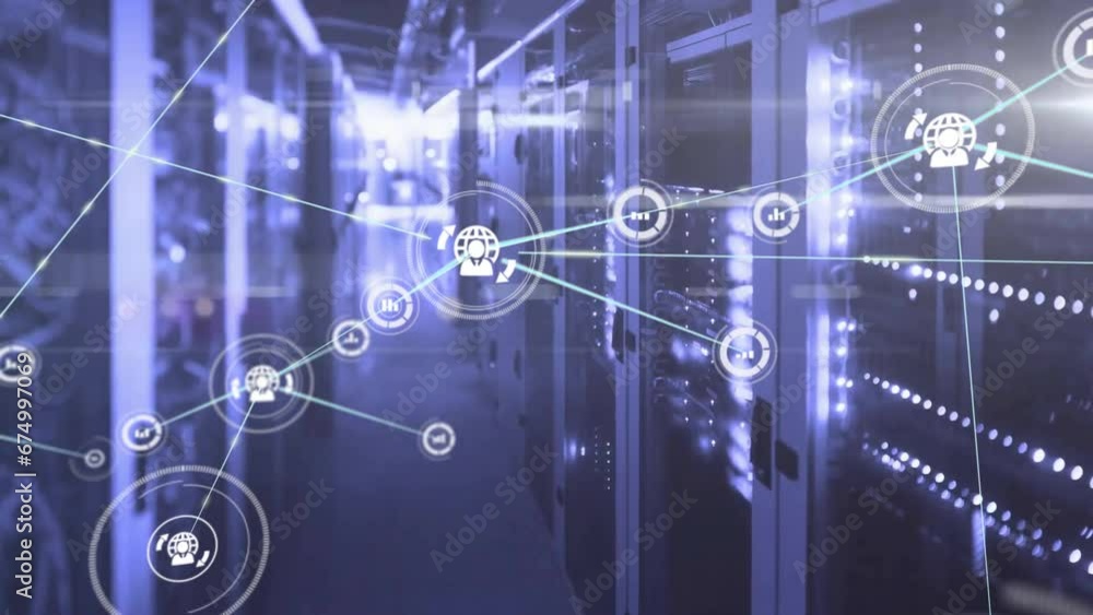 Animation of network of connections with icons and data processing over computer servers Animation of network of connections with icons and data processing over computer servers