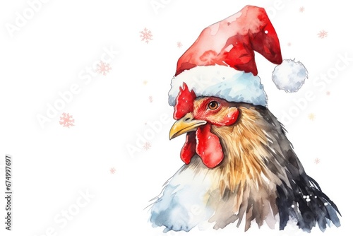 beautiful chicken celebrating christmas on white background and watercolor style