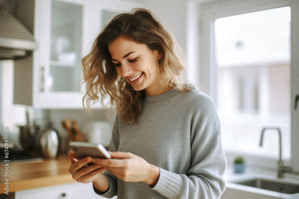A happy caucasian woman standing in her kitchen white looking at good news on her smartphone A happy caucasian woman standing in her kitchen white looking at good news on her smartphone