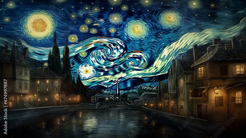 Artwork entitled starry night shows the town Ai generated art Artwork entitled starry night shows the town Ai generated art