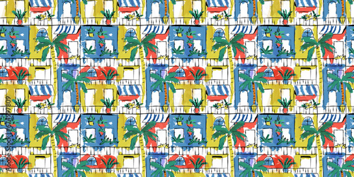 Hand drawn beach city window landscape seamless pattern. Tropical summer houses background, watercolor illustration print. 