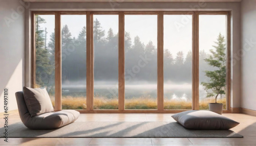 Peaceful room with large window with nature view and copy space photo