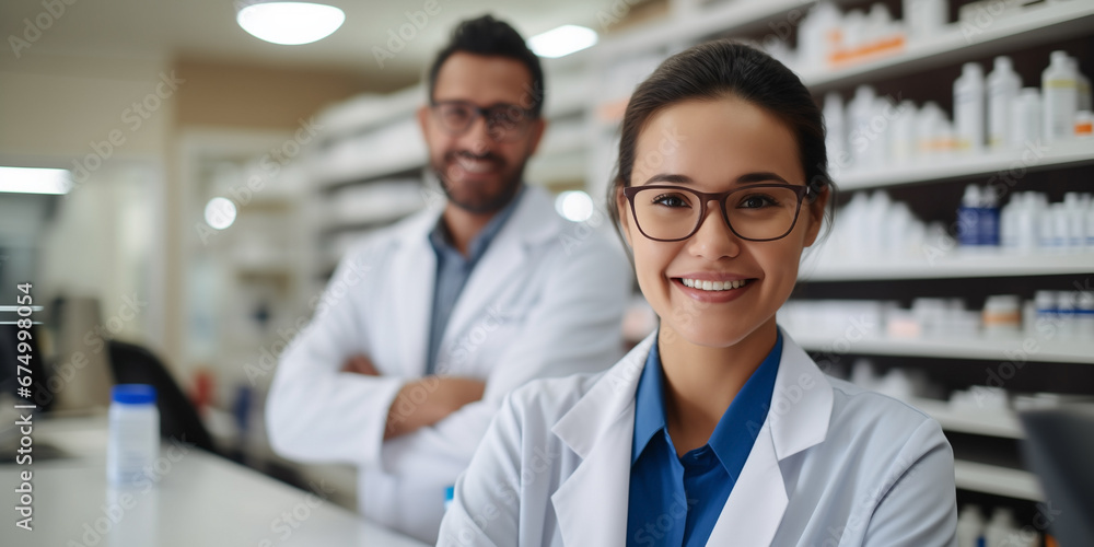 Fototapeta premium Happy pharmacy staff welcomes customers with zest