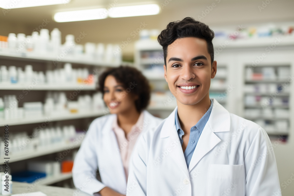 Young pharmacist's smile enhances the customer visit Young pharmacist's smile enhances the customer visit