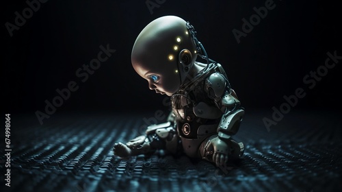 AI generated illustration of a small robotic baby in a dimly lit room photo