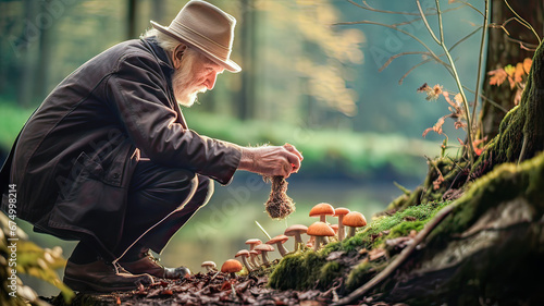 Bright autumn day: Elderly forager picking mushrooms. photo