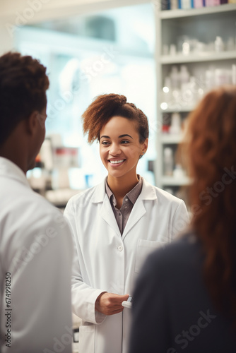 Enthusiastic pharmacist delivers professional care with a smile. Concept global health stewards with multicultural woman shaping pharmacy excellence.